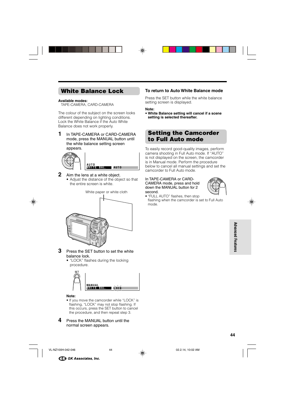White balance lock, Setting the camcorder to full auto mode | Sharp VL-NZ100S User Manual | Page 55 / 91