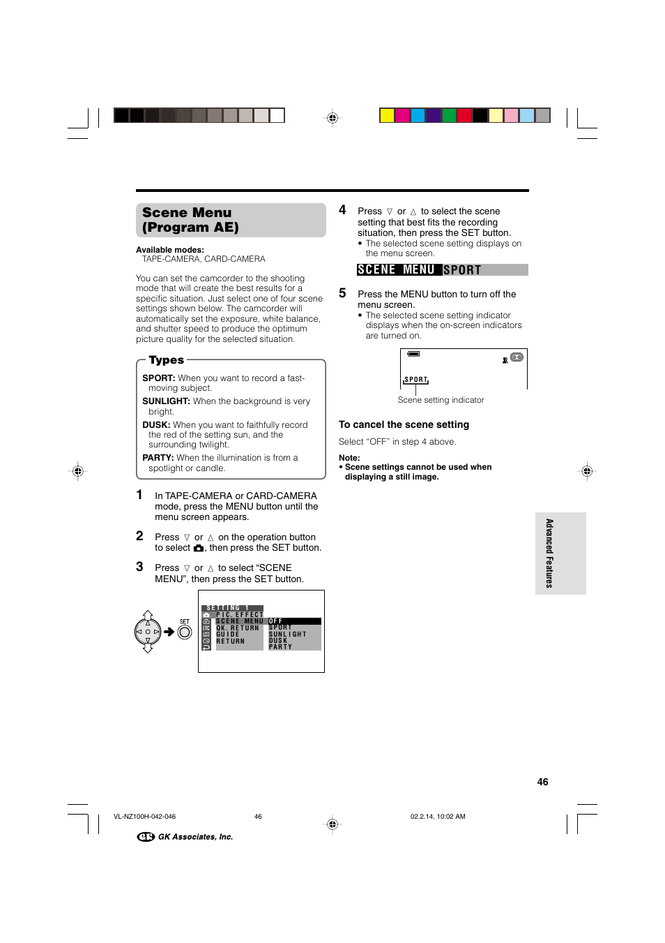 Scene menu (program ae), Sport sc e ne menu, Types | Sharp VL-NZ100S User Manual | Page 57 / 91