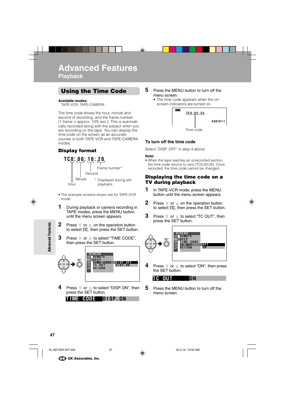 Advanced features, Using the time code, Playback 5 | D i sp. on t i me code, On t c ou t | Sharp VL-NZ100S User Manual | Page 58 / 91