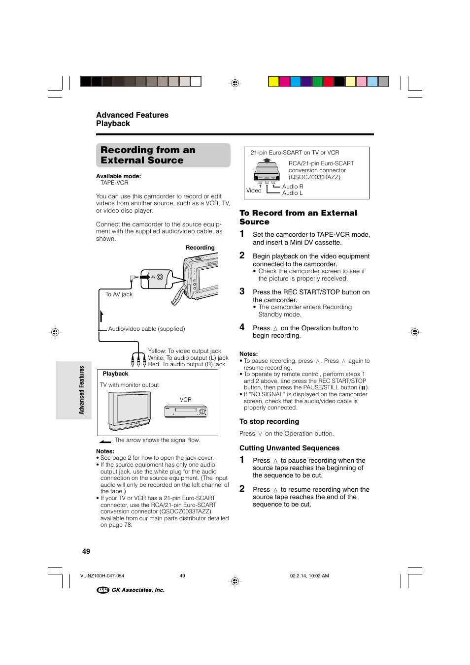 Recording from an external source, Advanced features playback | Sharp VL-NZ100S User Manual | Page 60 / 91
