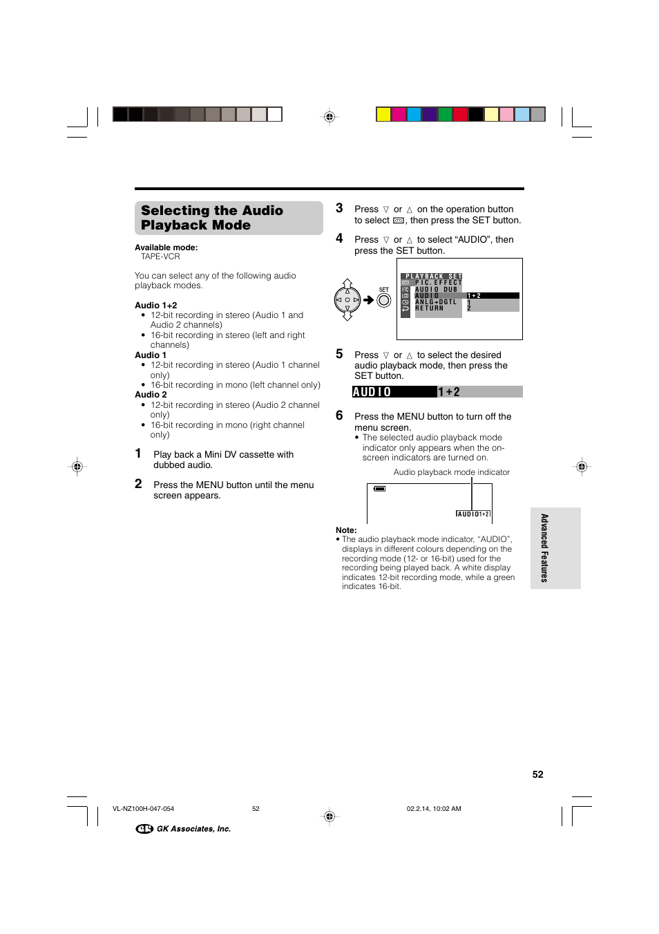 Selecting the audio playback mode, Aud i o 1 2 | Sharp VL-NZ100S User Manual | Page 63 / 91