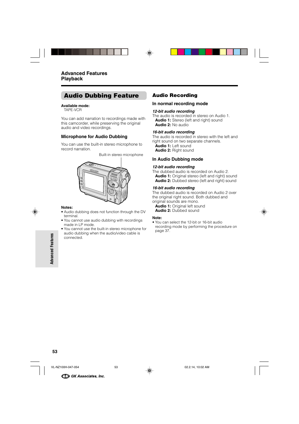 Audio dubbing feature, Advanced features playback, Audio recording | Sharp VL-NZ100S User Manual | Page 64 / 91