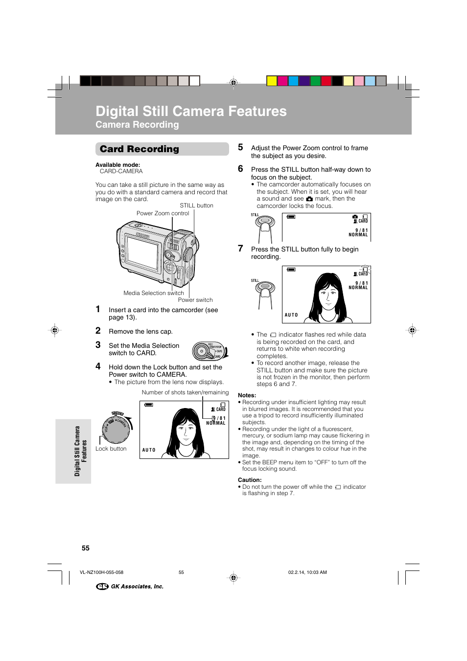 Digital still camera features, Camera recording card recording | Sharp VL-NZ100S User Manual | Page 66 / 91