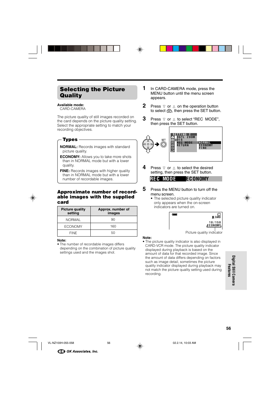 Selecting the picture quality, Re c mode e c onomy, Types | Sharp VL-NZ100S User Manual | Page 67 / 91