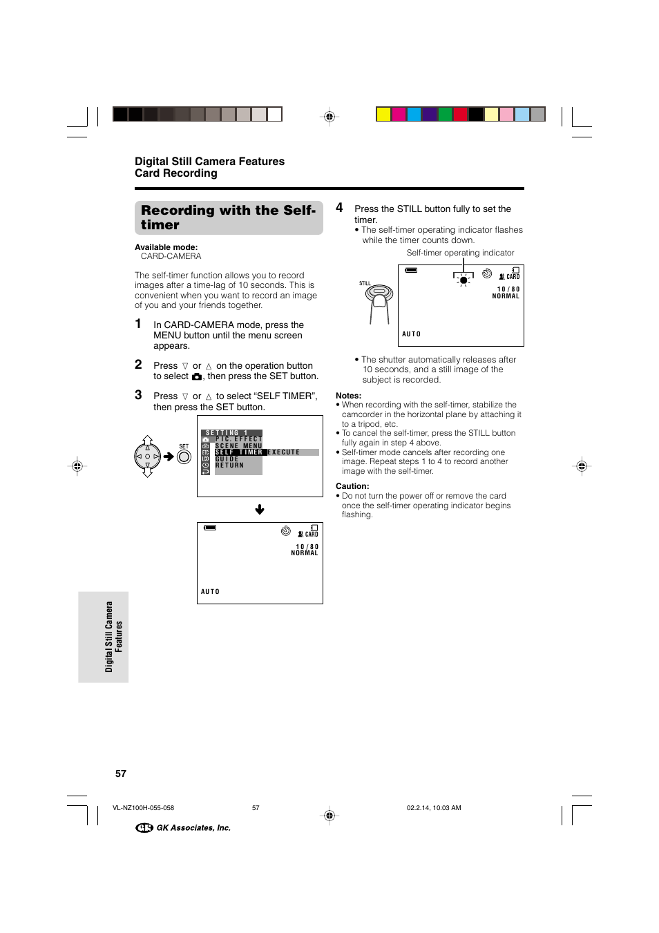Recording with the self- timer, Digital still camera features card recording | Sharp VL-NZ100S User Manual | Page 68 / 91