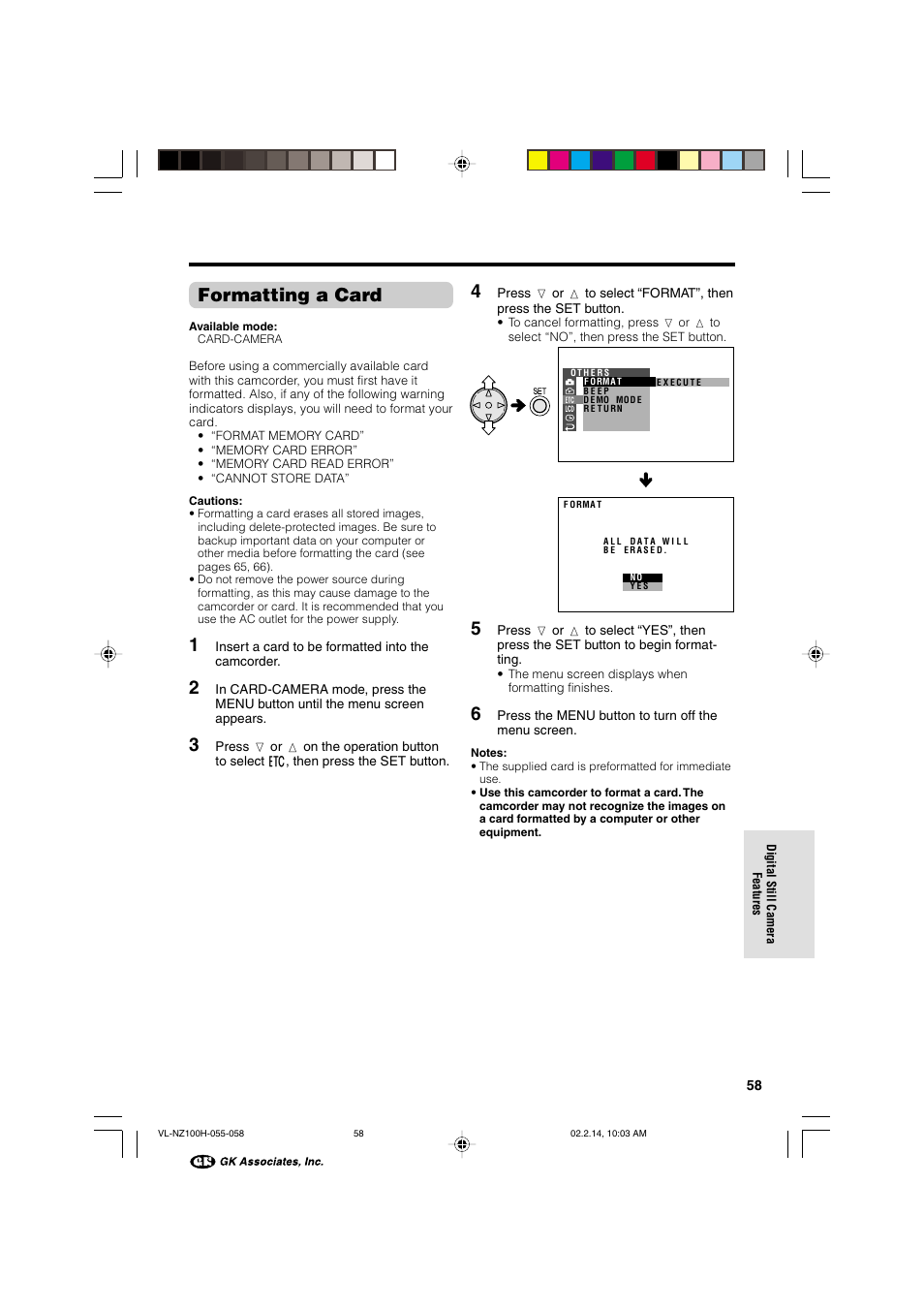 Formatting a card | Sharp VL-NZ100S User Manual | Page 69 / 91