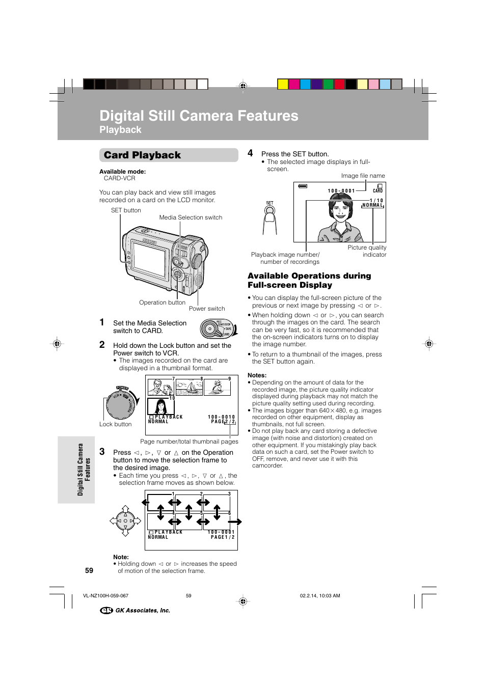 Digital still camera features, Playback card playback, Digital still camera features playback | Available operations during full-screen display | Sharp VL-NZ100S User Manual | Page 70 / 91