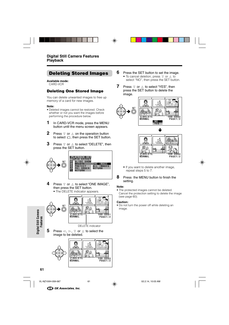 Deleting stored images, Digital still camera features playback, Deleting one stored image | Sharp VL-NZ100S User Manual | Page 72 / 91