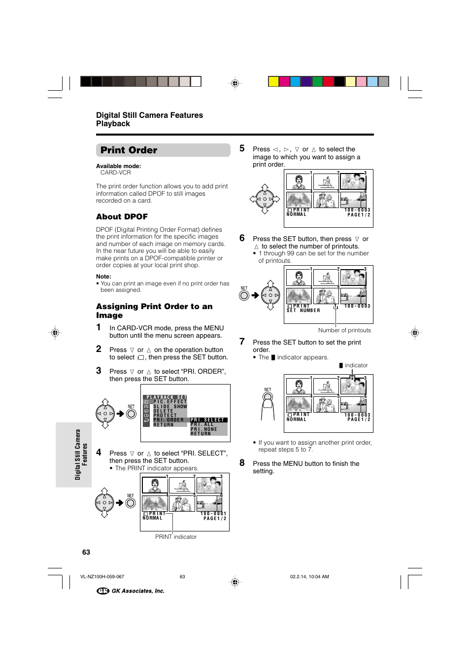 Print order, Digital still camera features playback, Assigning print order to an image | About dpof | Sharp VL-NZ100S User Manual | Page 74 / 91
