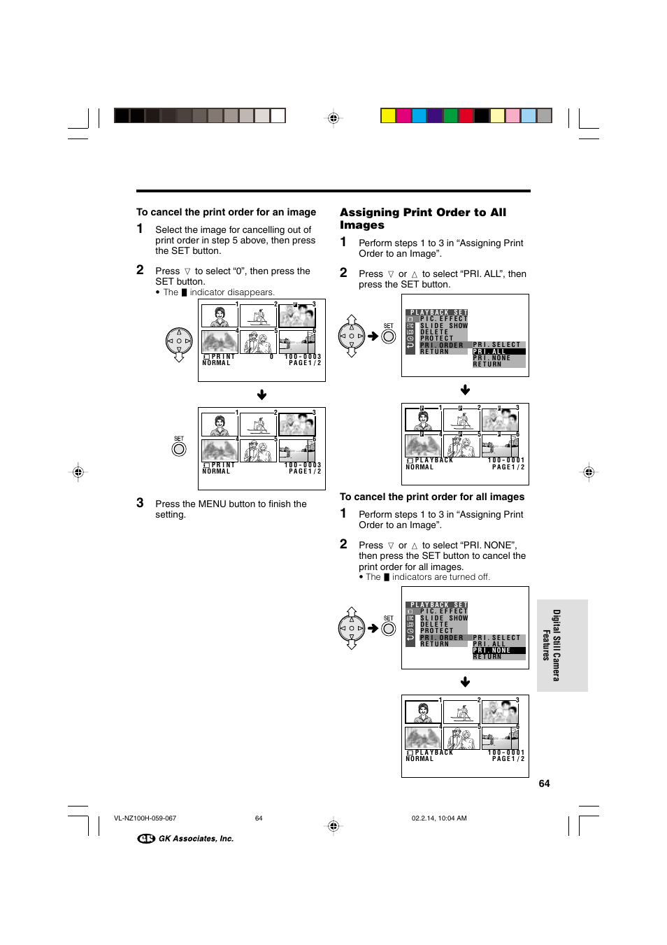 Assigning print order to all images, 64 to cancel the print order for an image | Sharp VL-NZ100S User Manual | Page 75 / 91