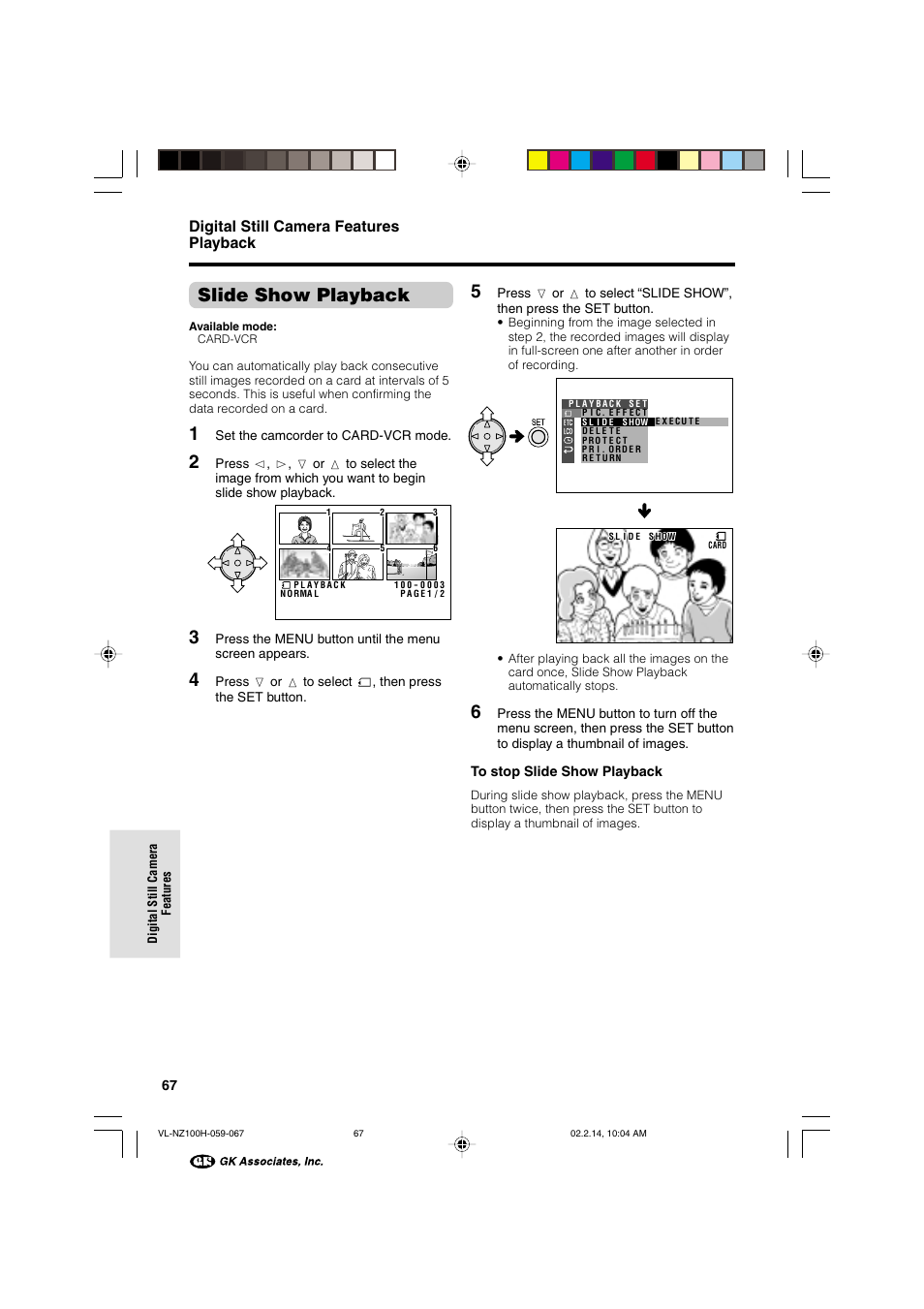Slide show playback, Digital still camera features playback | Sharp VL-NZ100S User Manual | Page 78 / 91