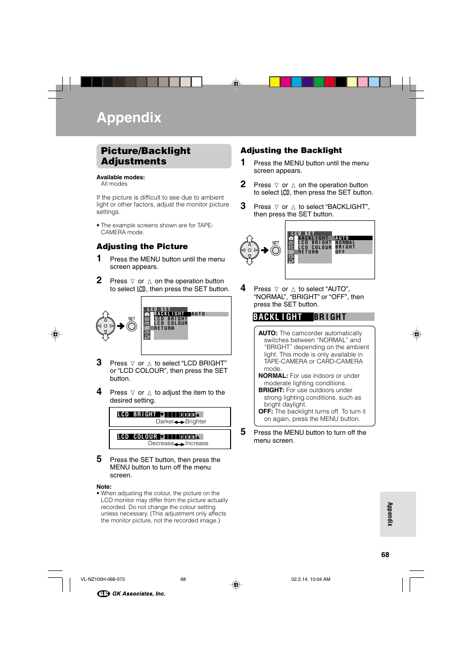 Appendix, Picture/backlight adjustments, B ackl i ght br i ght | Sharp VL-NZ100S User Manual | Page 79 / 91