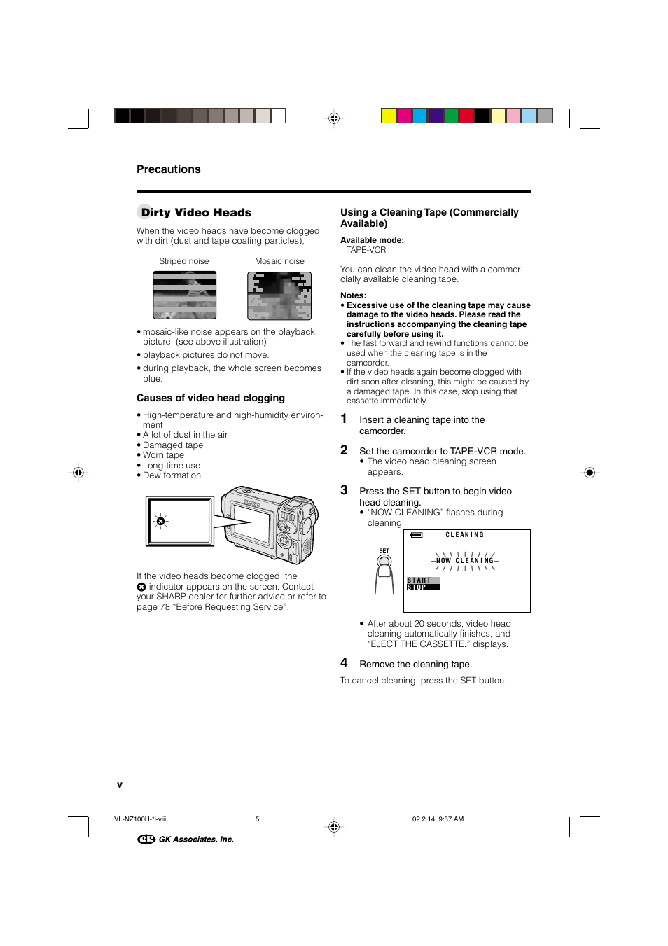 Dirty video heads, Precautions | Sharp VL-NZ100S User Manual | Page 8 / 91