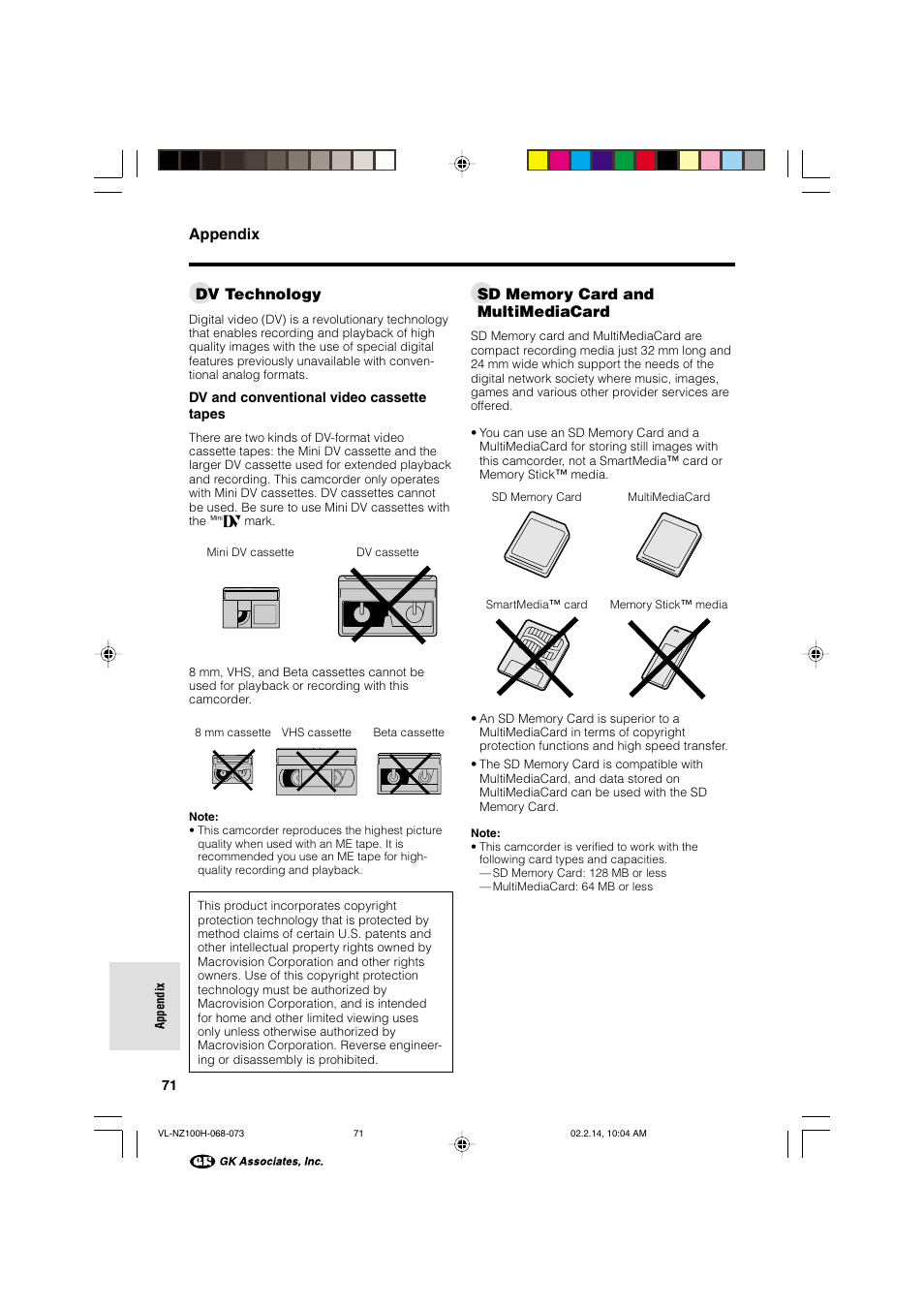 Appendix, Dv technology | Sharp VL-NZ100S User Manual | Page 82 / 91