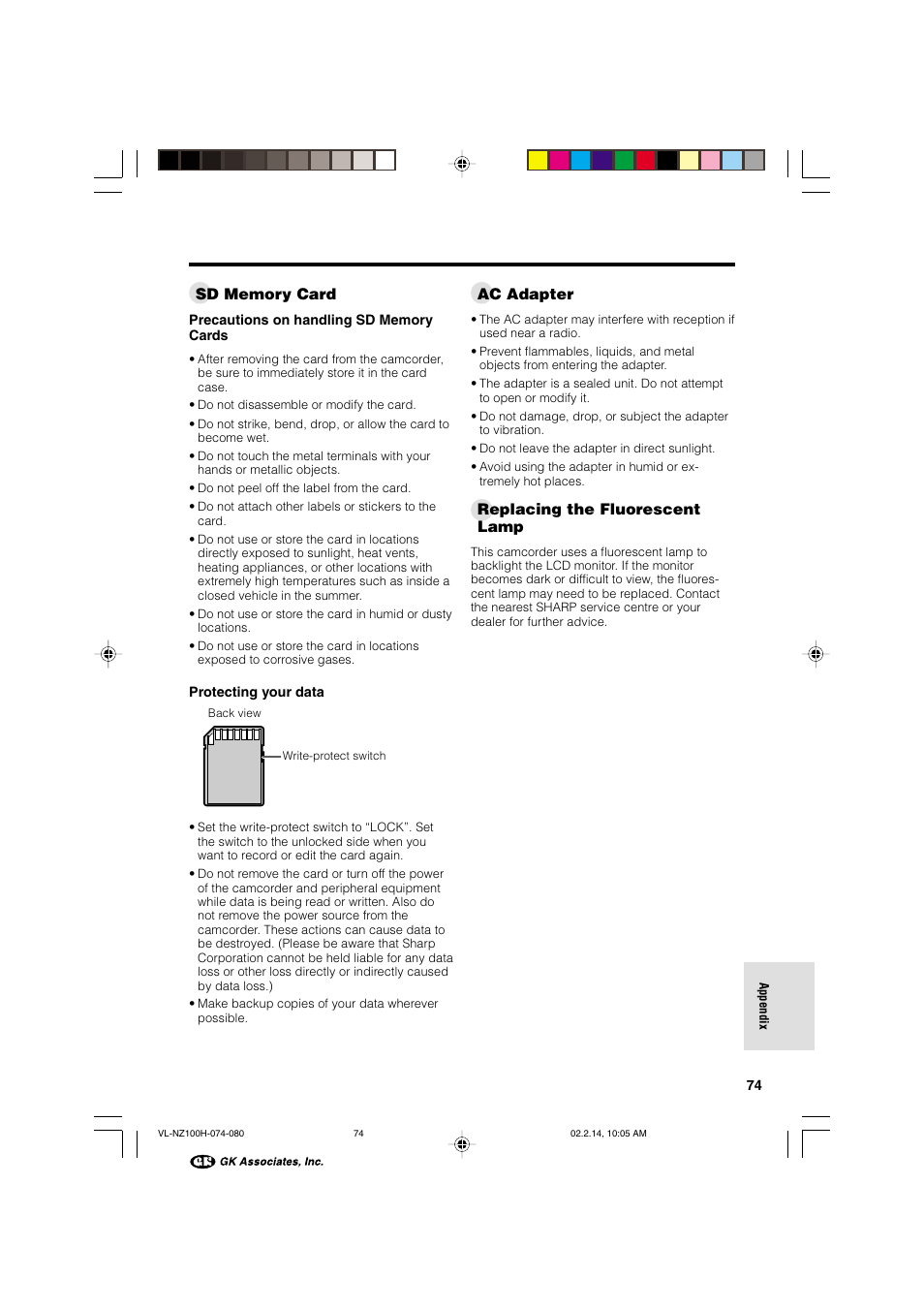 Ac adapter, Replacing the fluorescent lamp | Sharp VL-NZ100S User Manual | Page 85 / 91