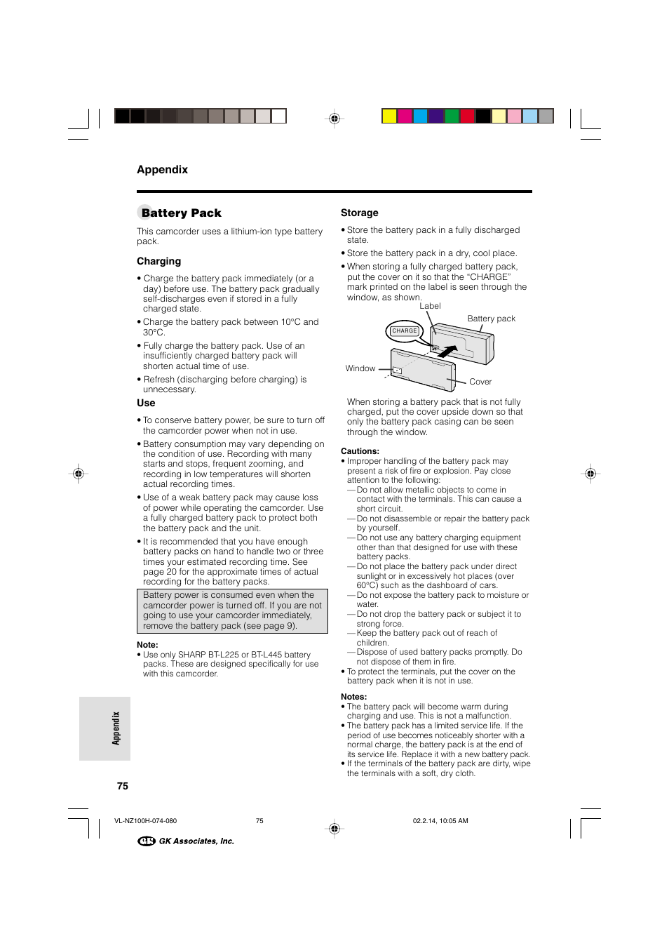 Appendix, Battery pack | Sharp VL-NZ100S User Manual | Page 86 / 91