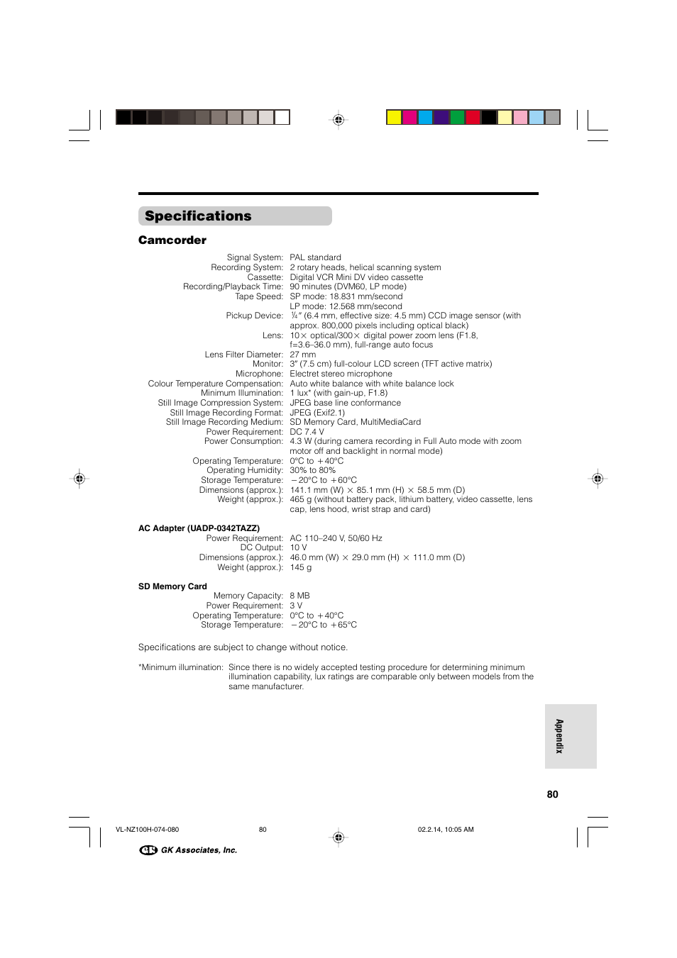 Specifications, Camcorder | Sharp VL-NZ100S User Manual | Page 91 / 91