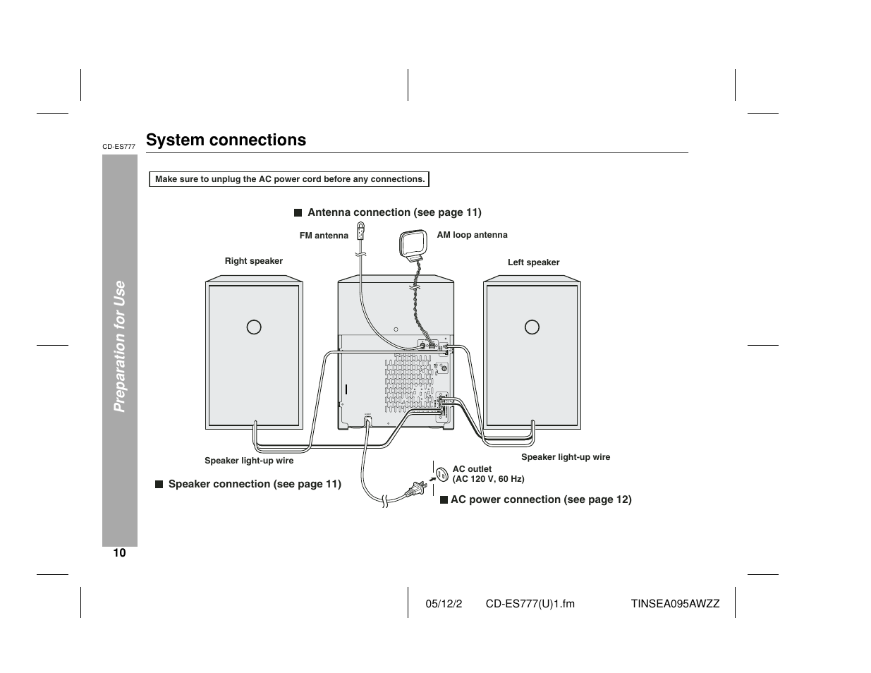 System connections, Preparation for use | Sharp CD-ES777 User Manual | Page 10 / 36