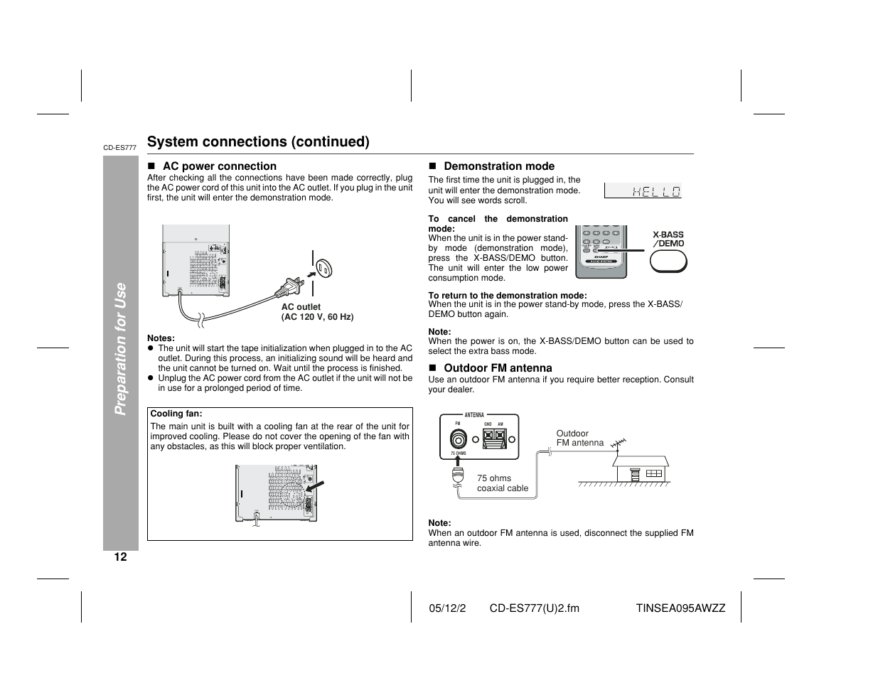 Preparation for use, System connections (continued), Ac input | Sharp CD-ES777 User Manual | Page 12 / 36