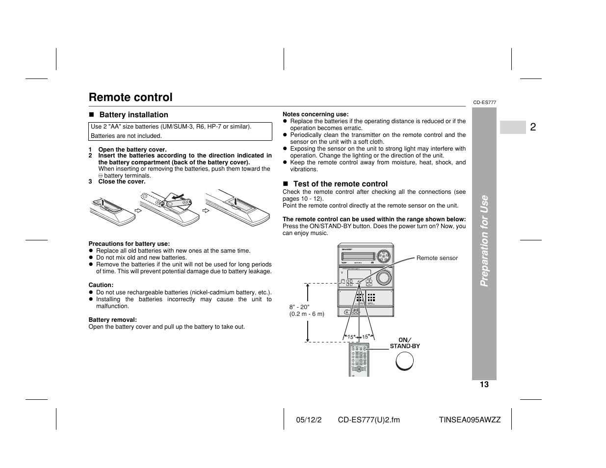 Remote control, Preparation for use | Sharp CD-ES777 User Manual | Page 13 / 36