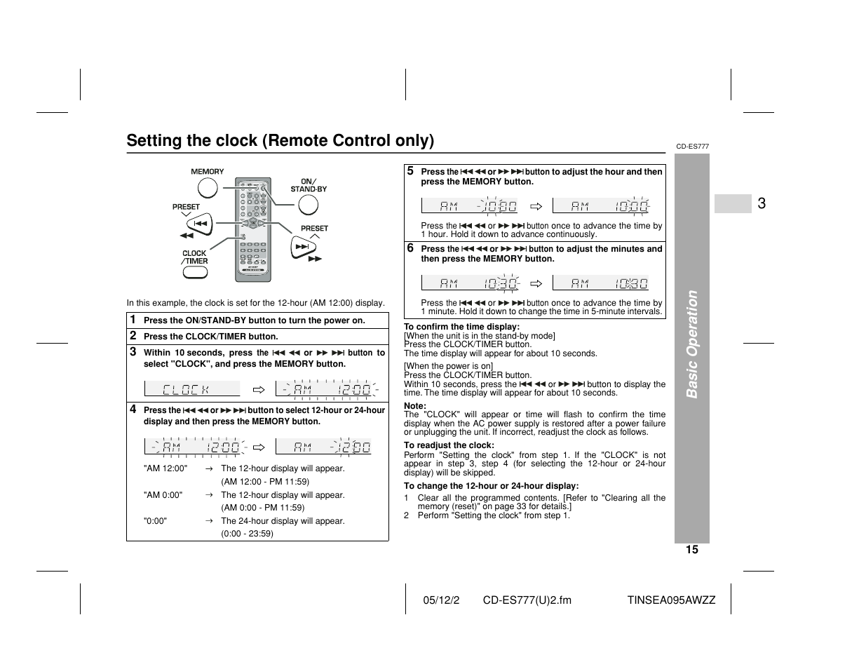 Setting the clock (remote control only), Basic operation | Sharp CD-ES777 User Manual | Page 15 / 36