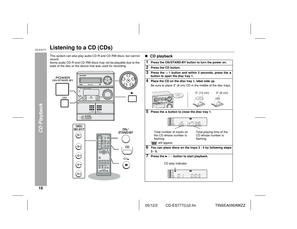 Listening to a cd (cds), Cd playback | Sharp CD-ES777 User Manual | Page 16 / 36