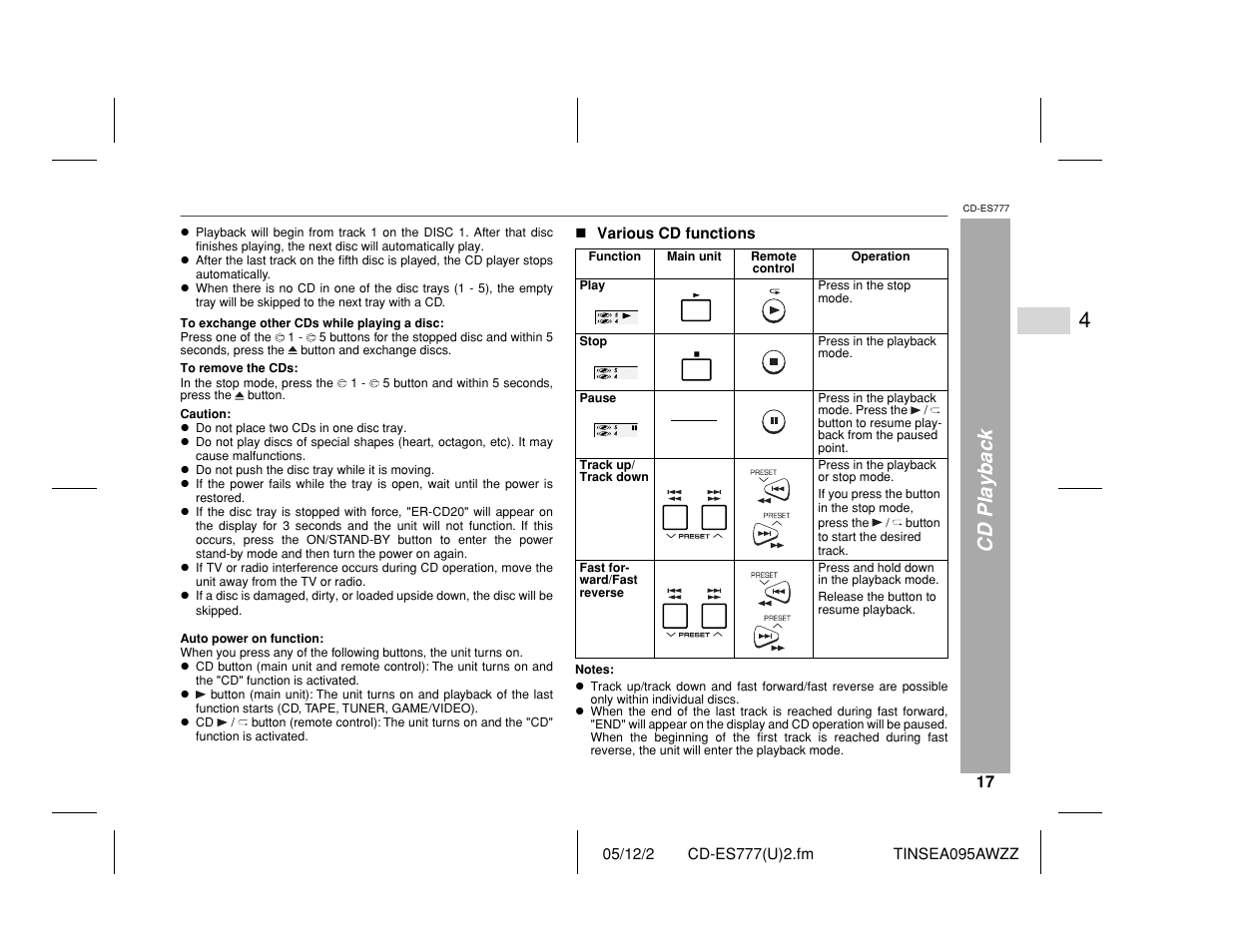 Cd playback | Sharp CD-ES777 User Manual | Page 17 / 36