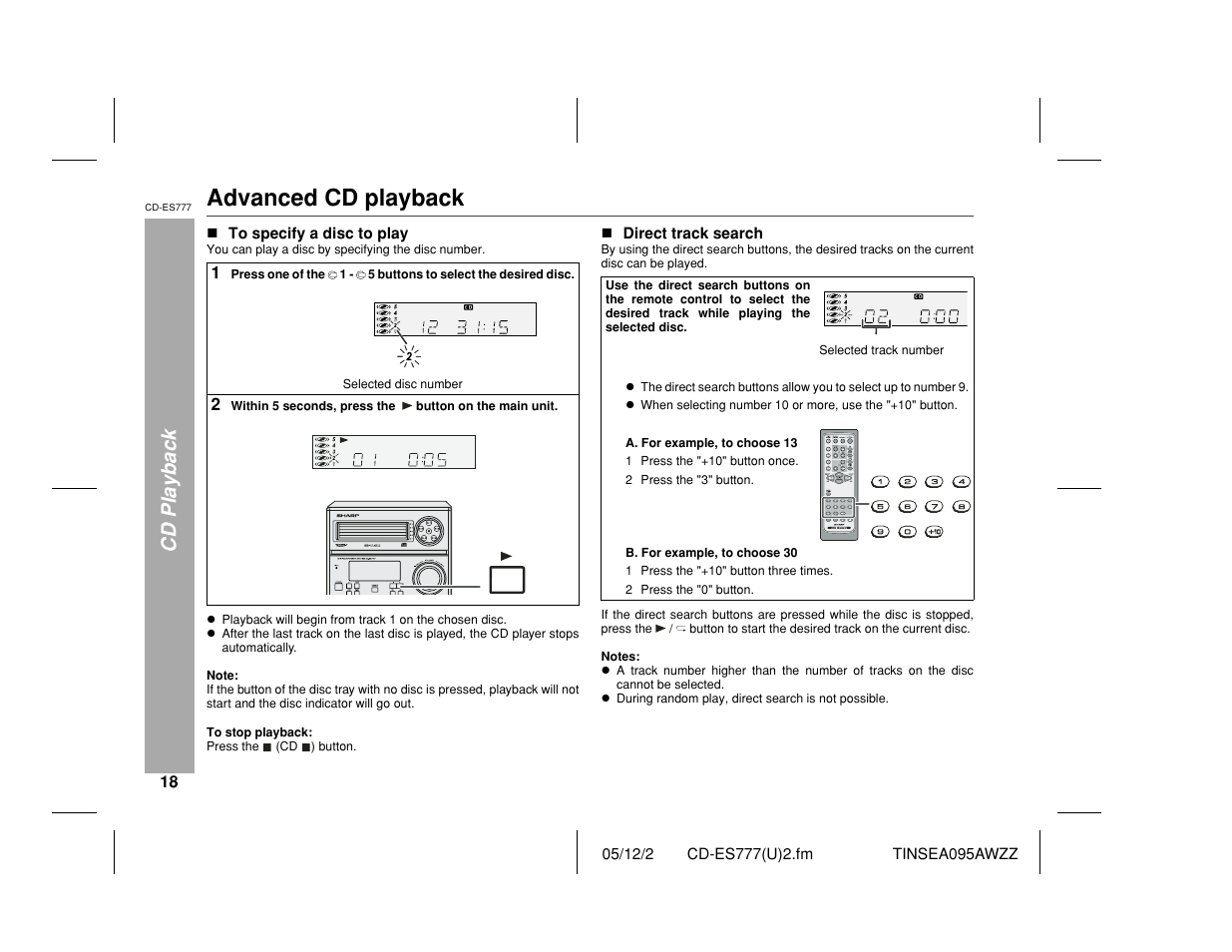 Advanced cd playback, Cd playback | Sharp CD-ES777 User Manual | Page 18 / 36