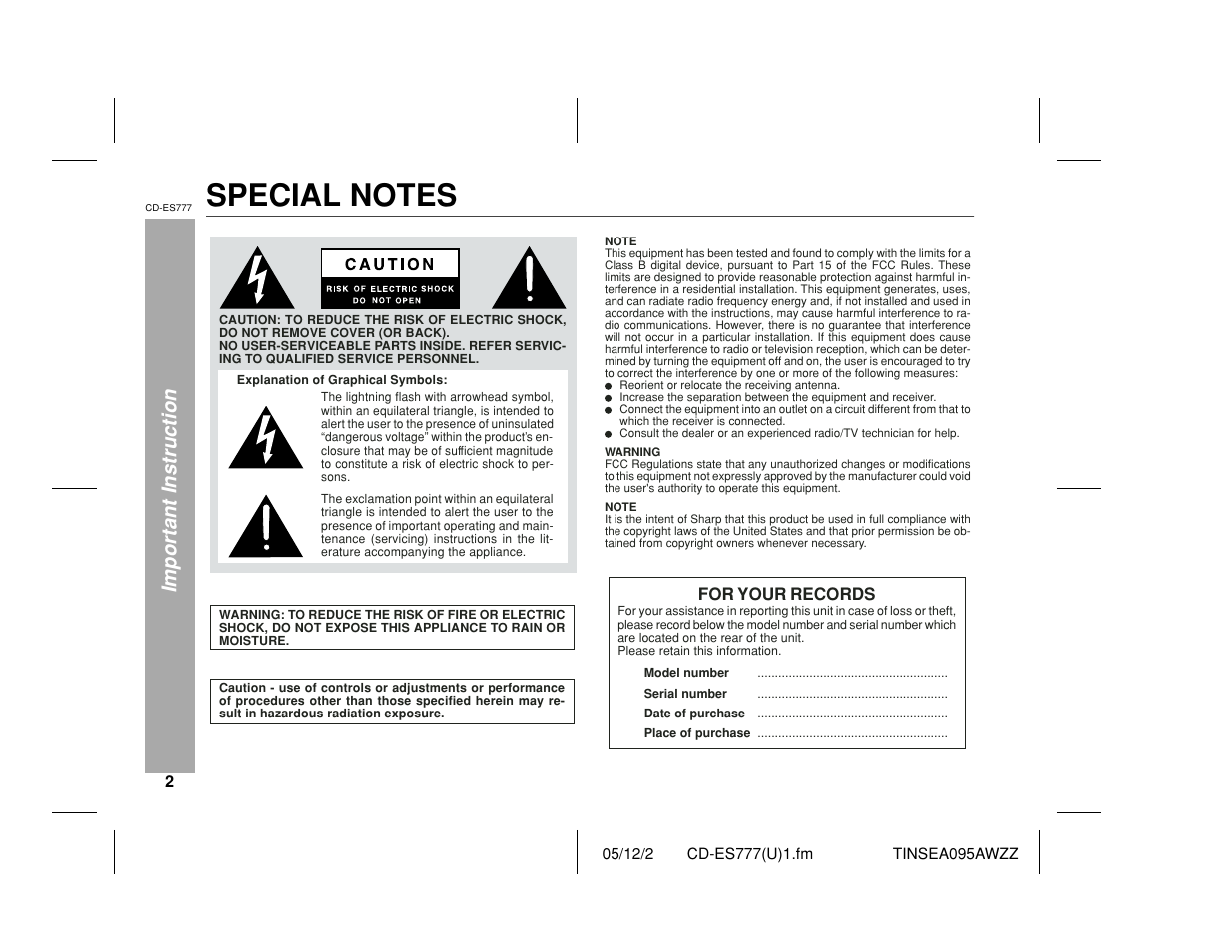 Important instruction | Sharp CD-ES777 User Manual | Page 2 / 36