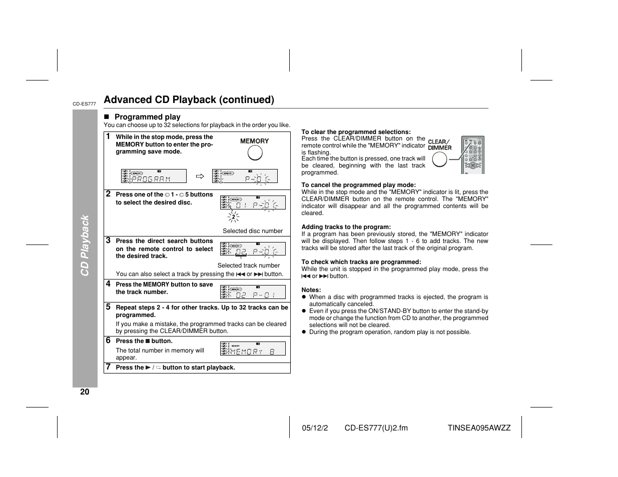 Cd playback, Advanced cd playback (continued) | Sharp CD-ES777 User Manual | Page 20 / 36