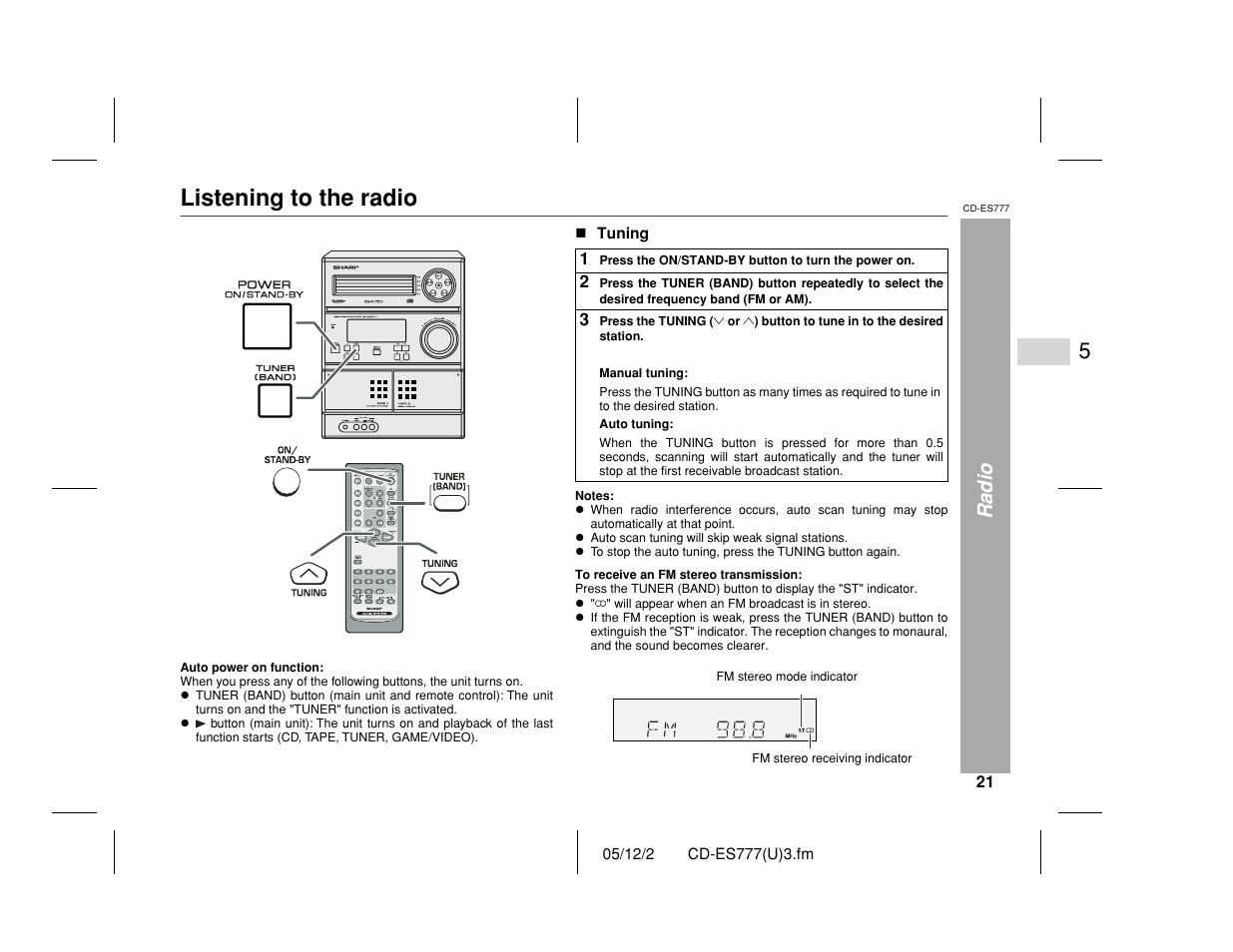 Listening to the radio, Radio | Sharp CD-ES777 User Manual | Page 21 / 36