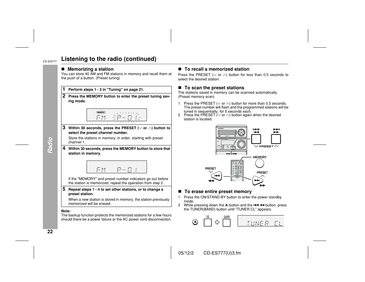 Radio, Listening to the radio (continued) | Sharp CD-ES777 User Manual | Page 22 / 36