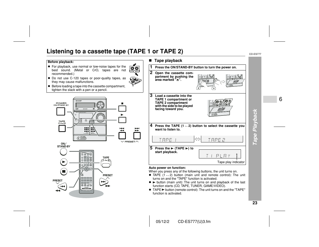 Listening to a cassette tape (tape 1 or tape 2), Tape playback | Sharp CD-ES777 User Manual | Page 23 / 36