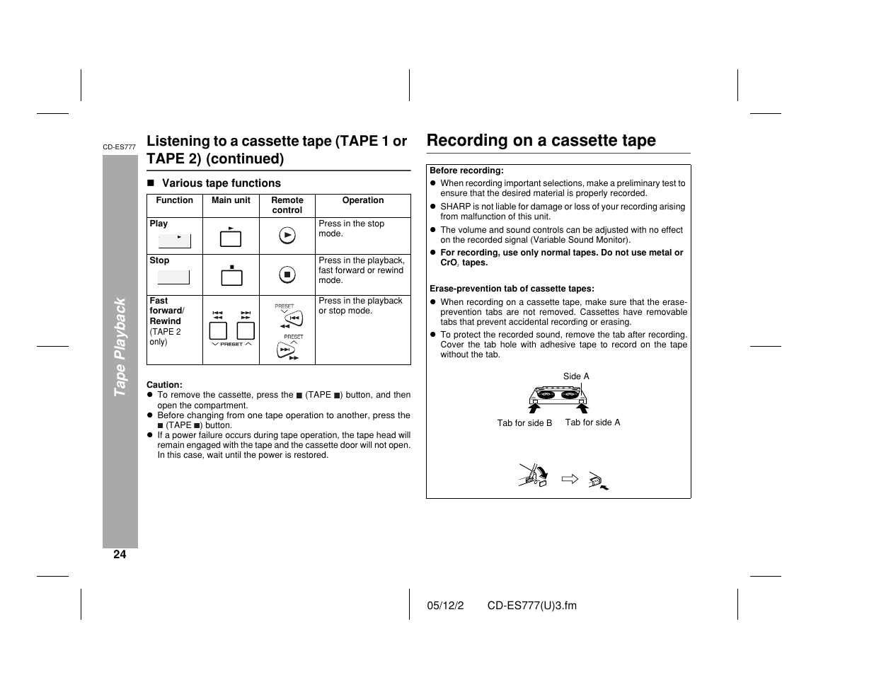 Recording on a cassette tape, Tape playback, Listening to a cassette tape (tape 1 or tape 2) | Continued) | Sharp CD-ES777 User Manual | Page 24 / 36