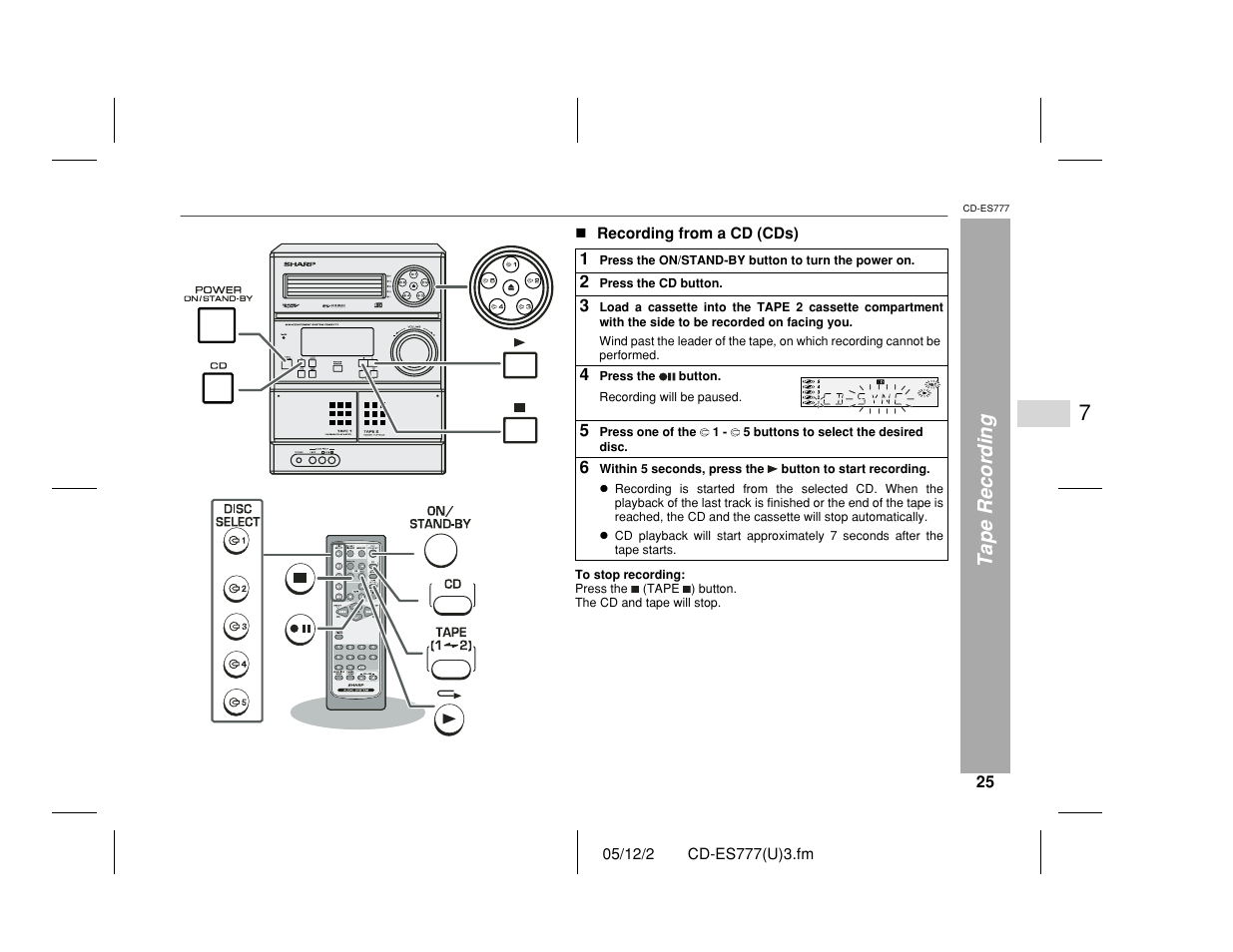 Tape recording | Sharp CD-ES777 User Manual | Page 25 / 36