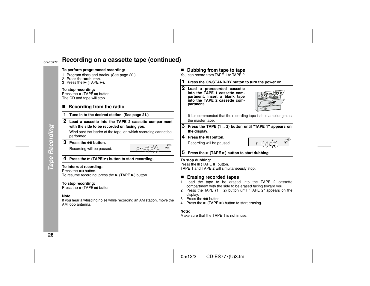 Tape recording, Recording on a cassette tape (continued) | Sharp CD-ES777 User Manual | Page 26 / 36