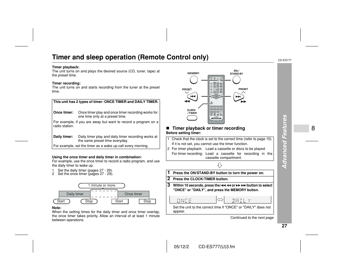 Timer and sleep operation (remote control only), Advanced features | Sharp CD-ES777 User Manual | Page 27 / 36