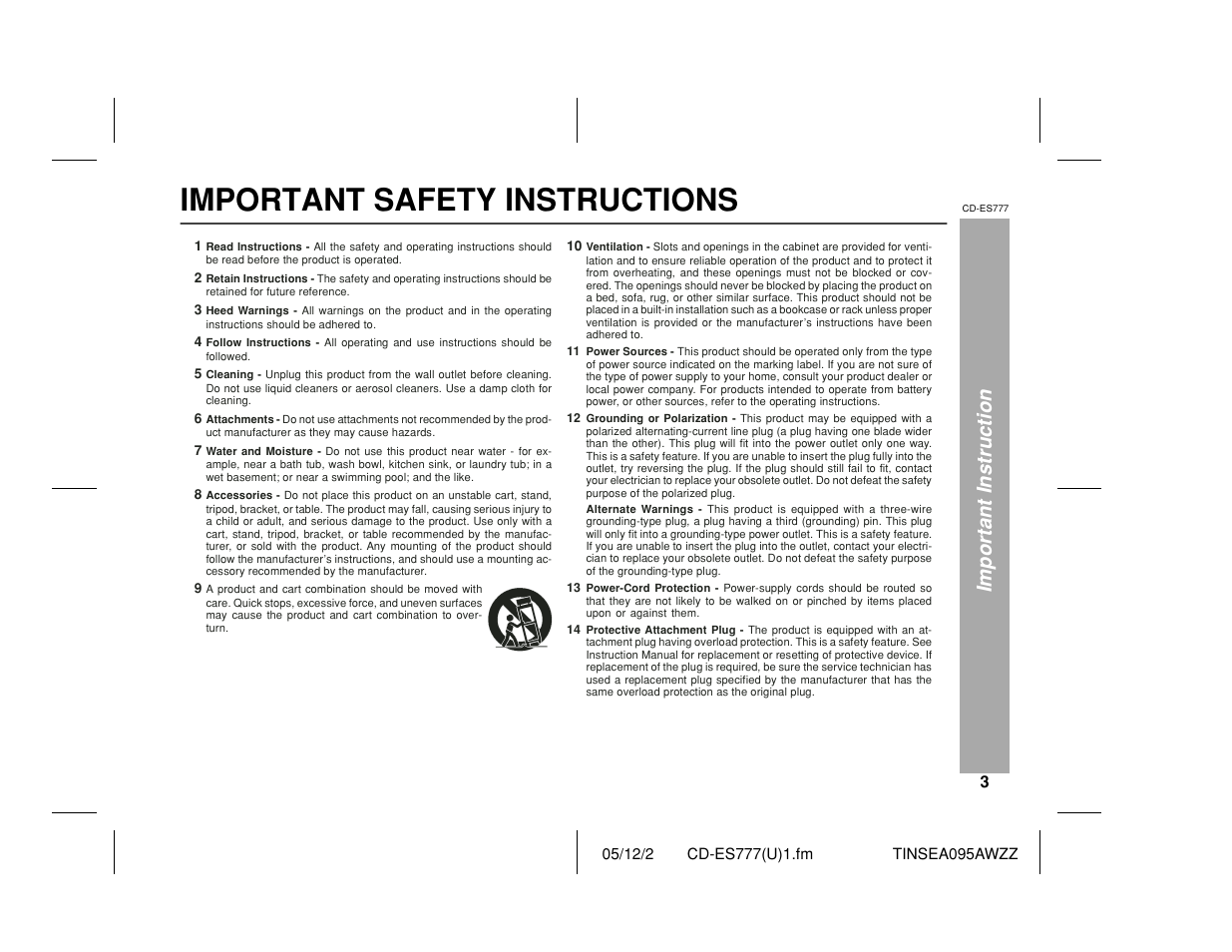 Important safety instructions, Important instruction | Sharp CD-ES777 User Manual | Page 3 / 36