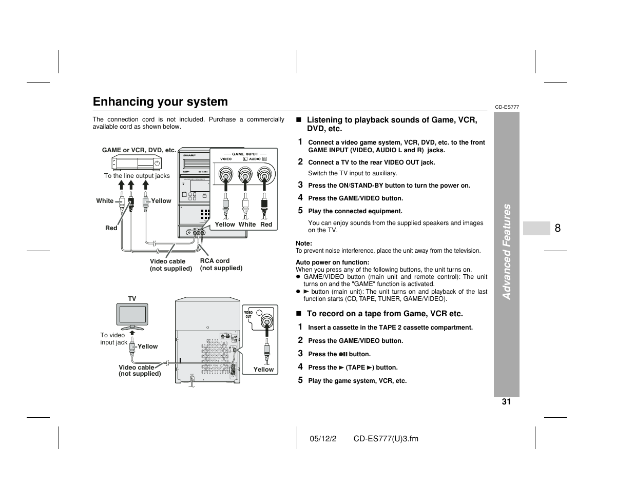 Enhancing your system, Advanced features, Ac input | Sharp CD-ES777 User Manual | Page 31 / 36