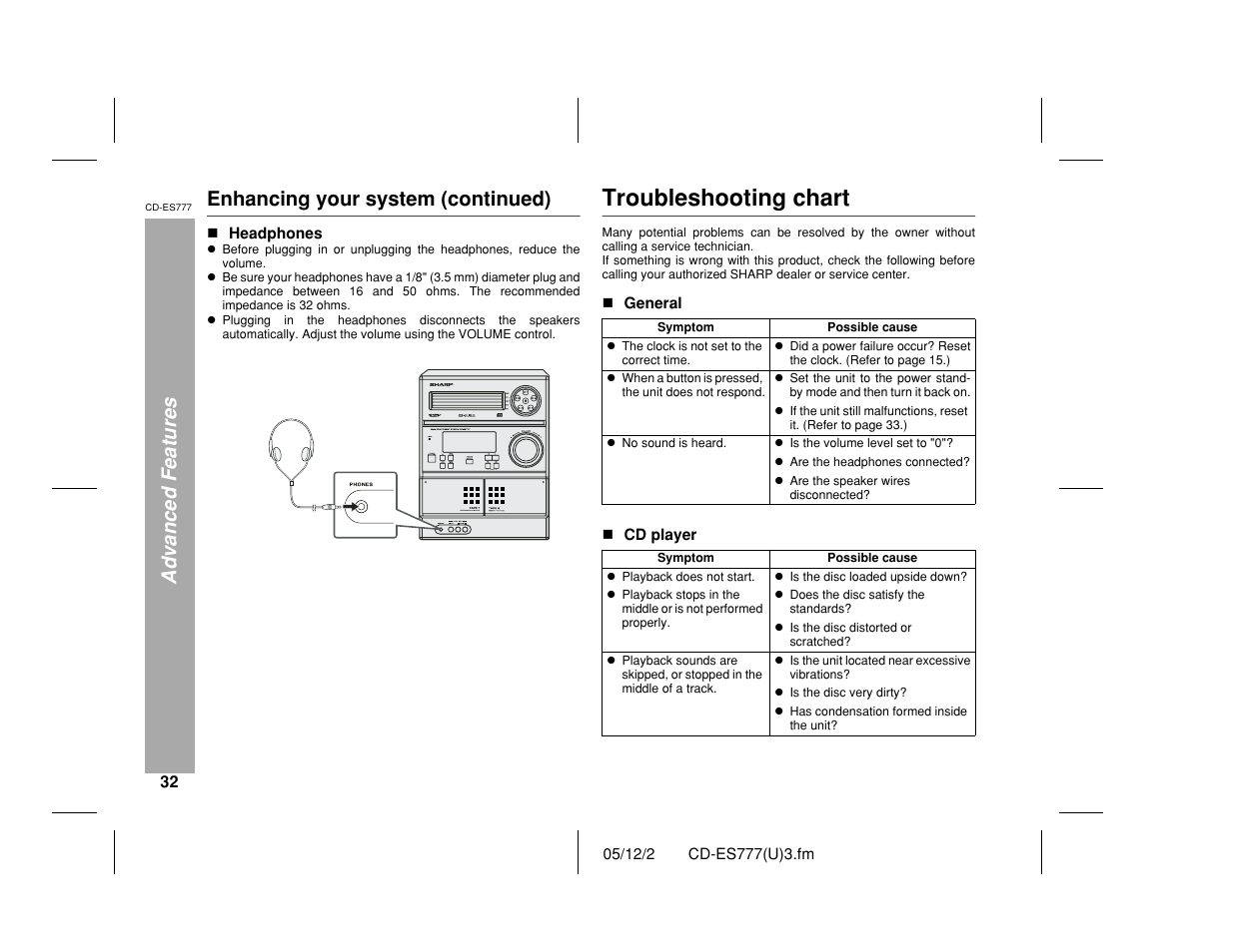 Troubleshooting chart, Advanced features, Enhancing your system (continued) | Sharp CD-ES777 User Manual | Page 32 / 36