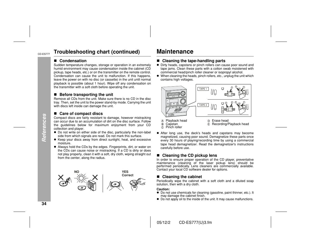 Maintenance, References, Troubleshooting chart (continued) | Sharp CD-ES777 User Manual | Page 34 / 36