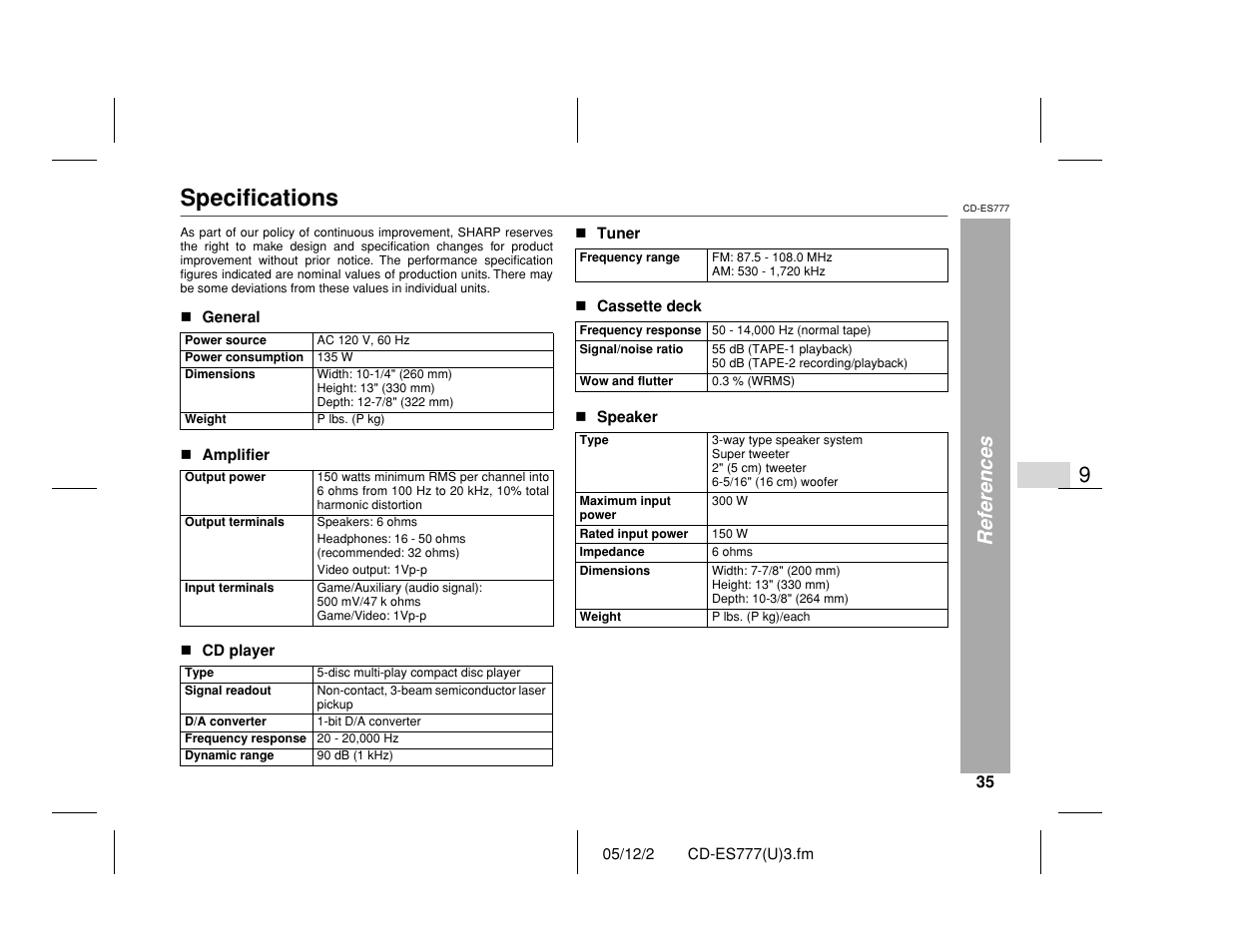 Specifications, References | Sharp CD-ES777 User Manual | Page 35 / 36