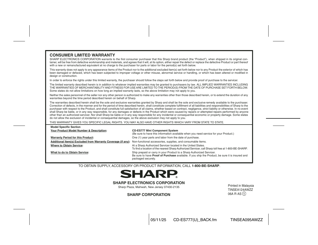 Sharp CD-ES777 User Manual | Page 36 / 36