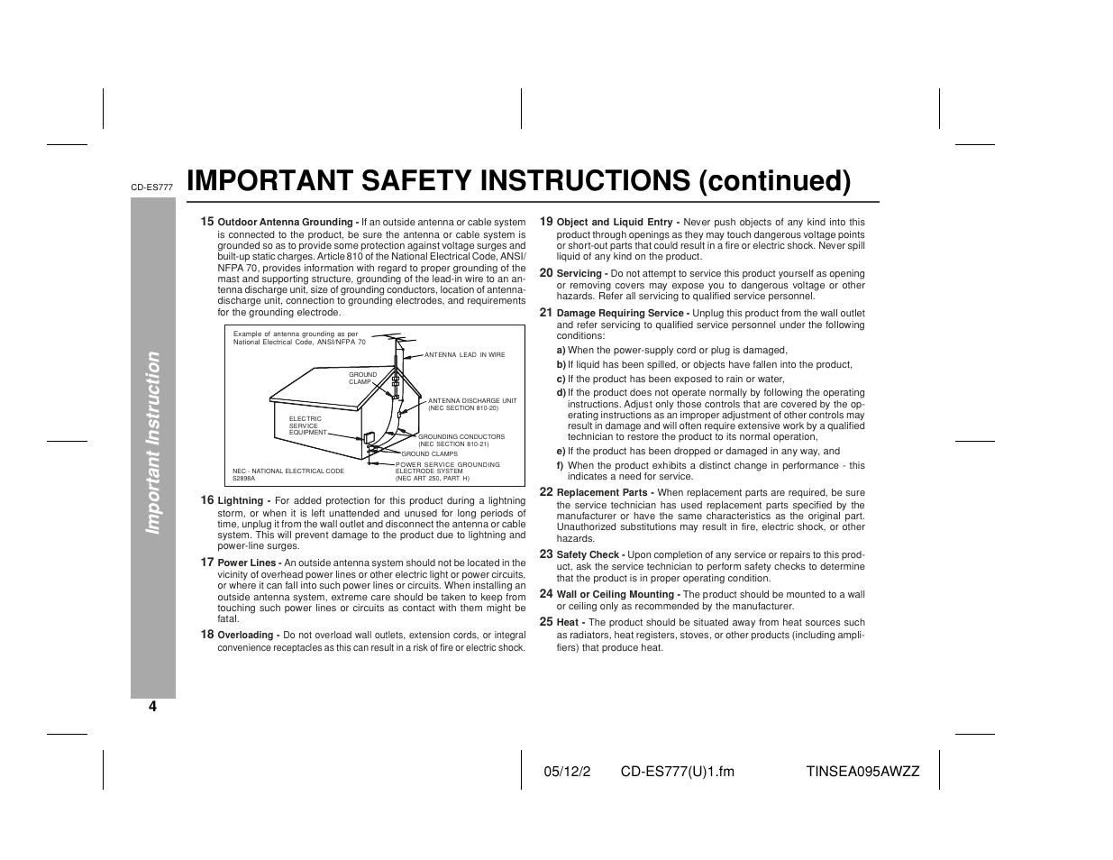 Important safety instructions (continued), Important instruction | Sharp CD-ES777 User Manual | Page 4 / 36