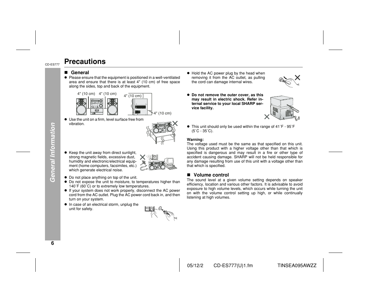 Precautions, General information | Sharp CD-ES777 User Manual | Page 6 / 36