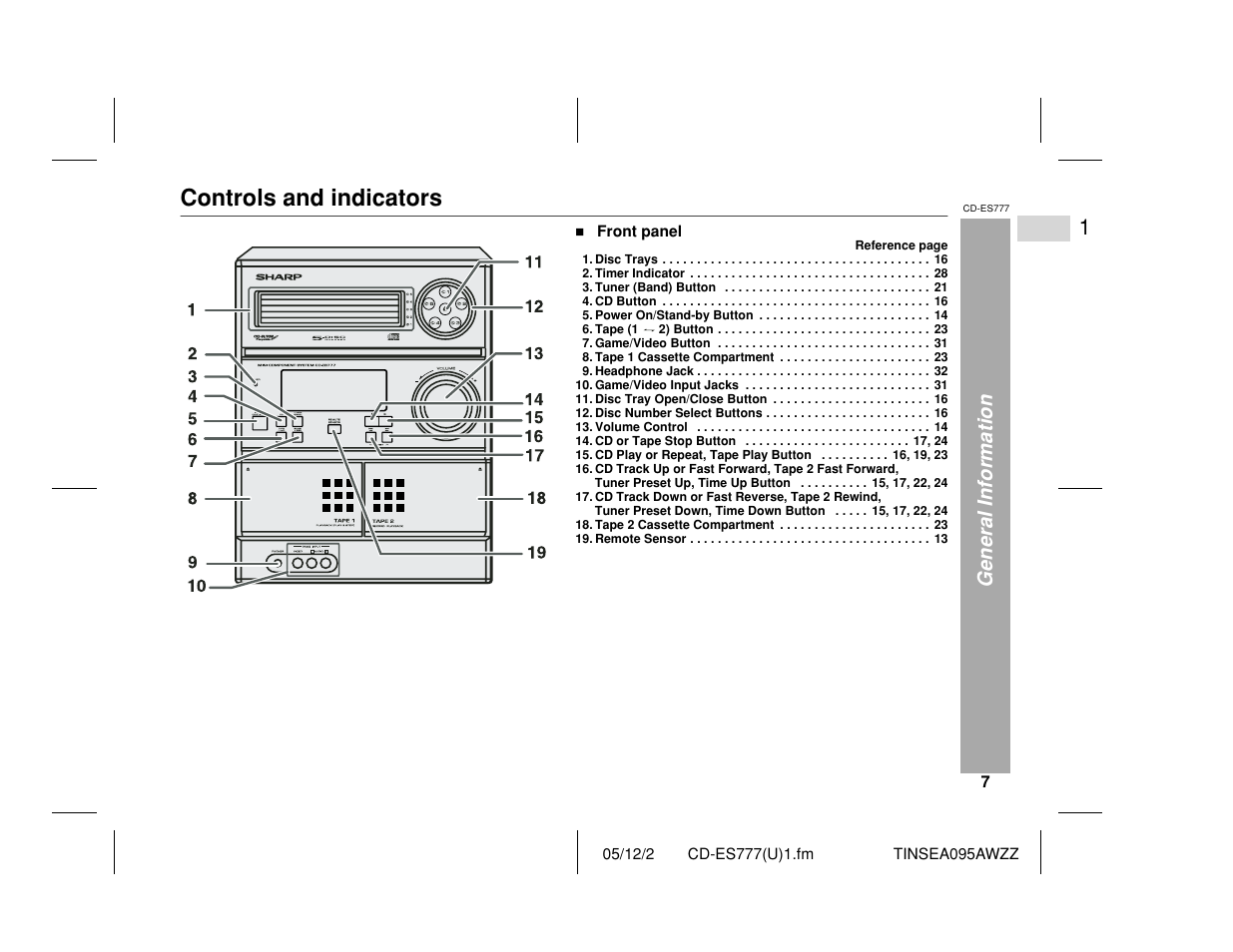 Controls and indicators, General information | Sharp CD-ES777 User Manual | Page 7 / 36