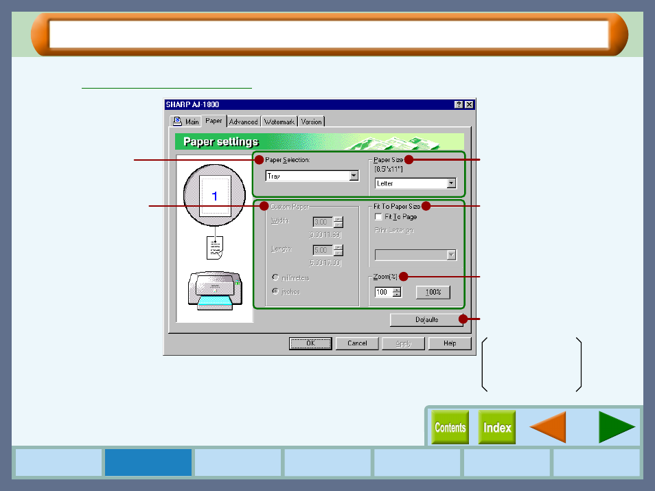 Paper" tab settings, Paper" tab settings (part 1) | Sharp AJ-2000 User Manual | Page 11 / 62