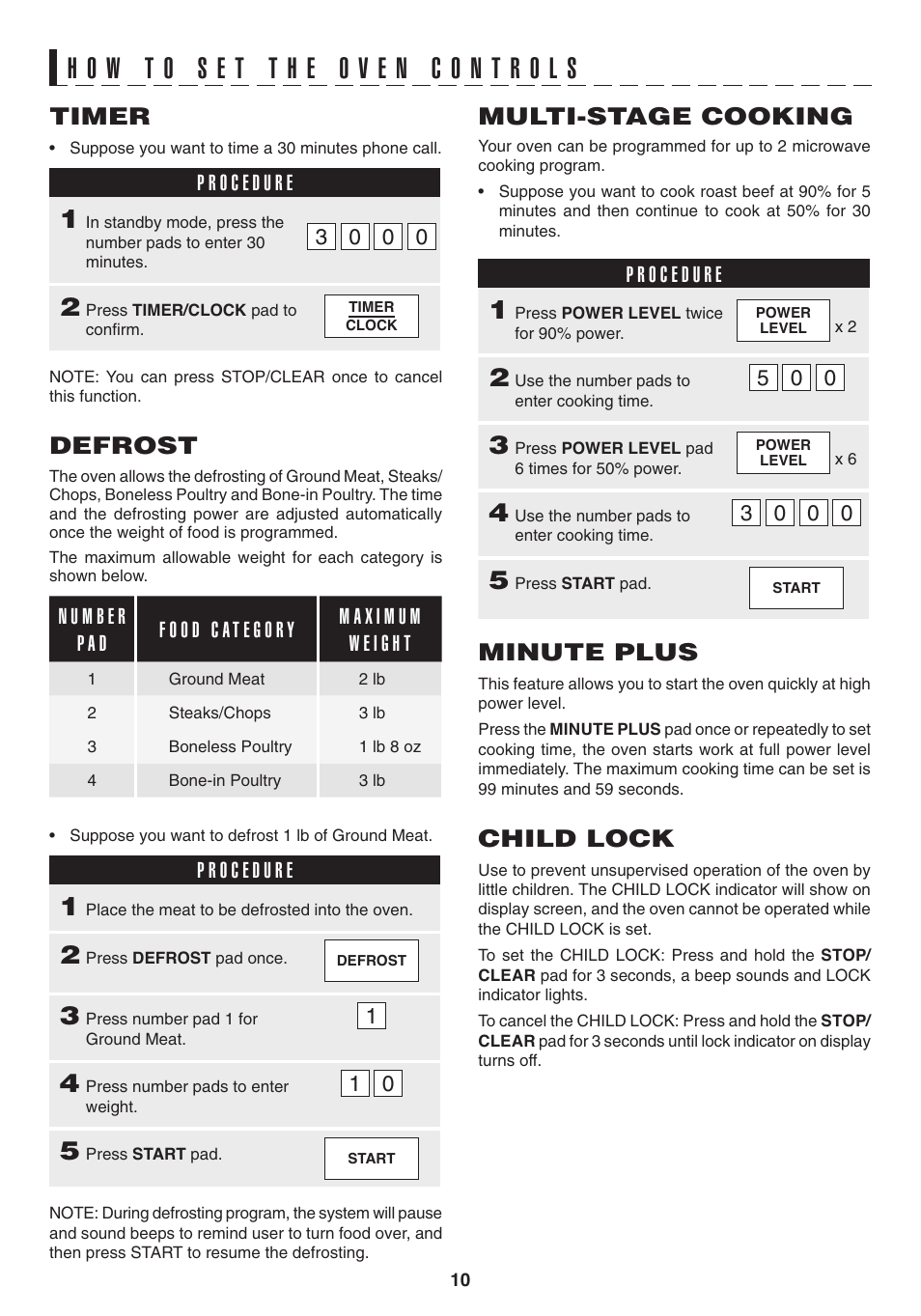 Timer, Defrost, Multi-stage cooking | Minute plus, Child lock | Sharp CAROUSEL R-403T User Manual | Page 10 / 16