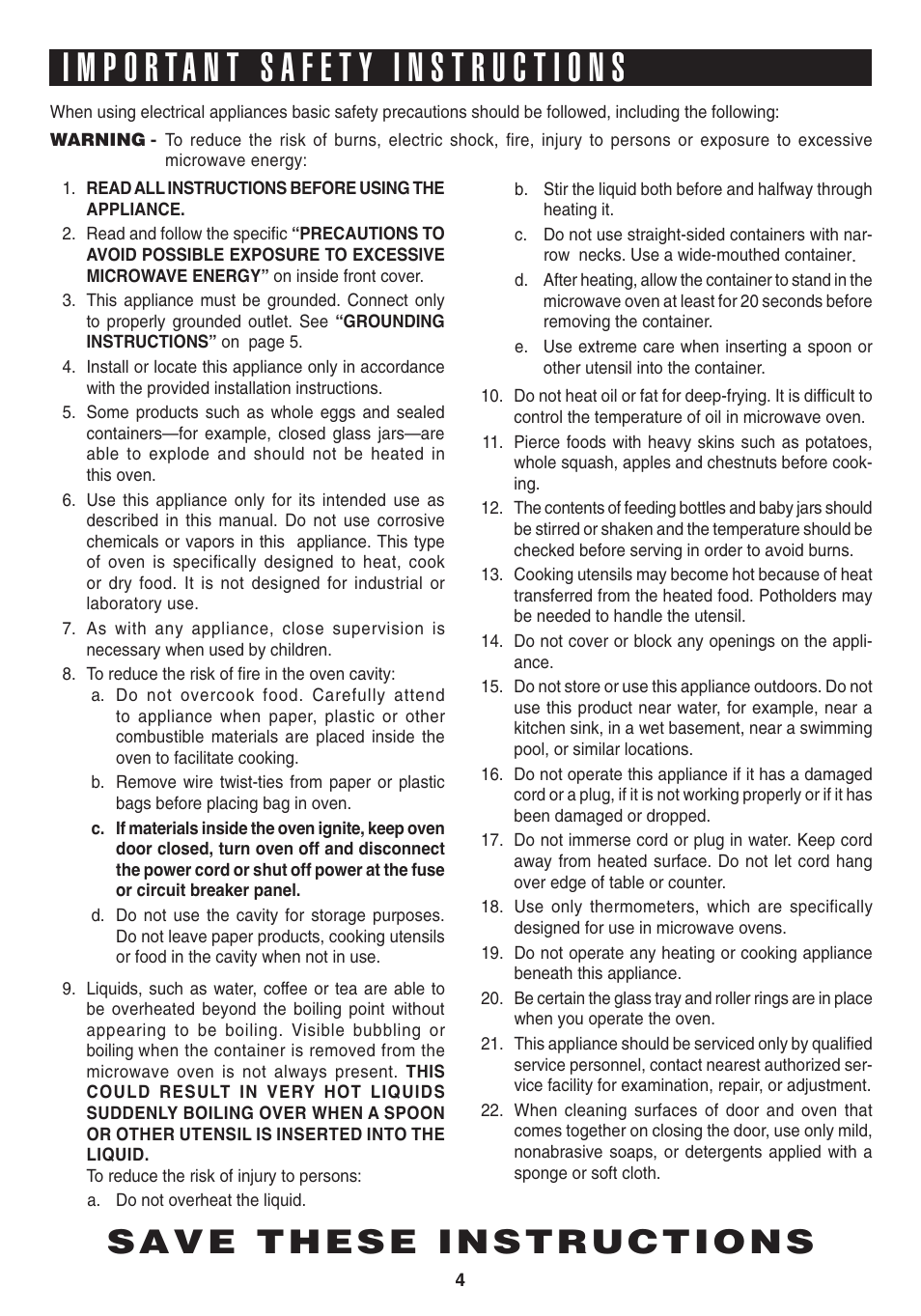 Save these instructions | Sharp CAROUSEL R-403T User Manual | Page 4 / 16