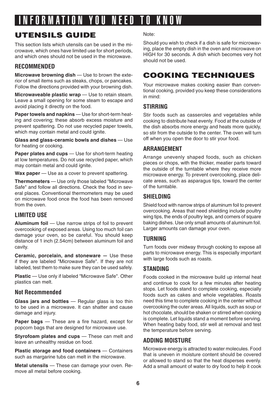 Cooking techniques, Utensils guide | Sharp CAROUSEL R-403T User Manual | Page 6 / 16